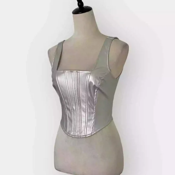 NWOT Japna Metallic Silver Zip Up Corset Faux Leather Crop Bustier Sz S - Picture 3 of 12